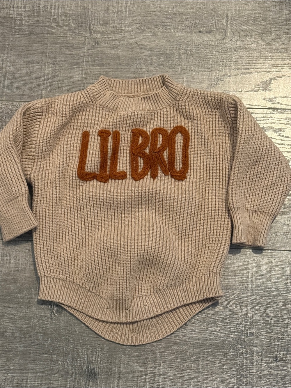 Kids 'Lil Bro' Beige Knit Sweater with Rust Applique